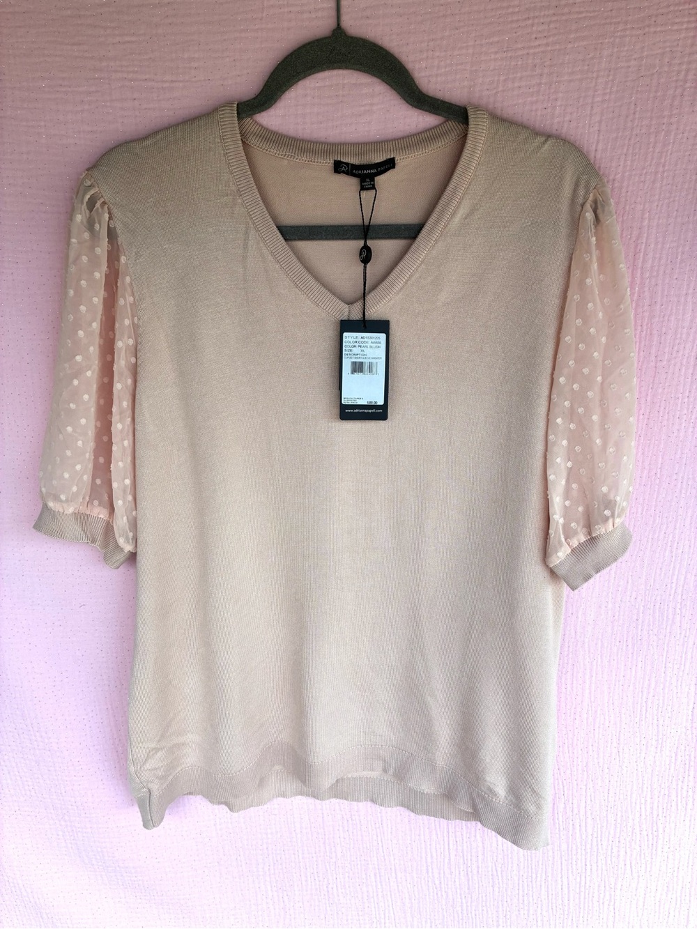 Adrianna Papell Blush Pink V-Neck Knit Top with Sheer Polka Dot Puff Sleeves